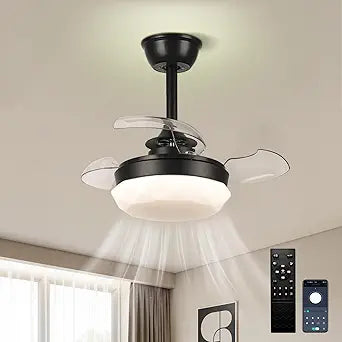 CLAIRDAI 22'' Compact Black Ceiling Fan with Light - Dimmable LED Chandelier, 6-Speed Quiet Retractable Blades, Semi-Flush Mount for Small Spaces, Kids' Room