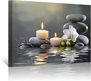PBXBJY Bathroom Wall Art Orchid Flower with Black Zen Stone Pictures SPA Candle Picture Prints Still Life Canvas Painting for Meditation Spiritual Room Decor (White, (16.00" x 24.00"))