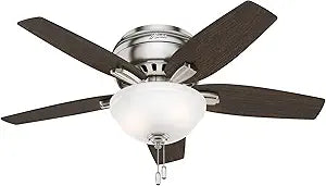 Hunter 42 inch Indoor Ceiling Fan with LED Light - Ceiling Fan with Pull Chain, For Bedroom or Living Room, Low Profile Flush Mount, No Remote, 5 Blades, Includes Bulbs - Newsome 51082, Brushed Nickel