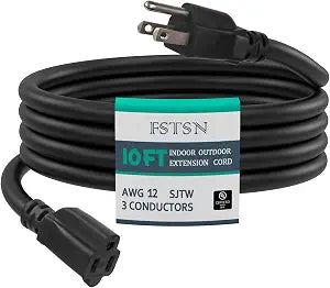 10 FT Outdoor Heavy Duty Extension Cord - 12/3 SJTW 15 AMP Indoor Power Cord with 3 Prong Grounded Plug for Lawn Mower, Appliances, Workshop, Lights Water Resistant Flexible Cable 12 Gauge
