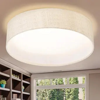 Hamilyeah Flush 12 inch Mount Ceiling Light Fixture 24W, Dimmable LED Ceiling Light with Beige Fabric Shade 5CCT, Drum Light Fixture Ceiling Mount for Living Room, Kitchen, Bathroom, Bedroom