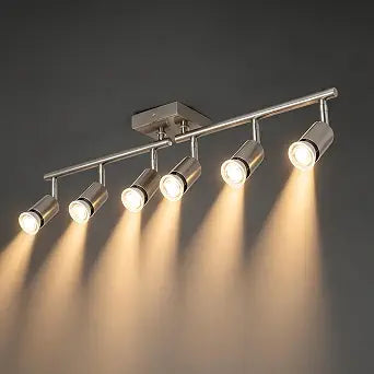 6-Light Nickel Track Lighting Kit - Adjustable GU10 Ceiling Spotlights, Modern Hardwired Flush Mount Fixture for Kitchen Island, Living Room, Hallway & Bedroom - Bulbs Not Included