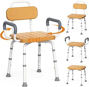 Loyoda Swivel Shower Chair with Removable Arm & Back, Rotating Shower Bench with Adjustable Height, Safety Stool for Inside Shower Small Bathroom, Brown