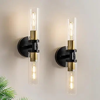 KSRYSZCQ Wall Sconces Set of Two Black and Gold Bathroom Wall Sconce with Clear Glass 15.75" Modern Wall Sconces for Bathroom Living Room Hallway Bedroom Kitchen