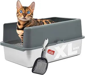 iPrimio XL Stainless Steel Litter Box for Cats with Enclosure and 1 Scooper - Easy to Clean, High-Sided Litter Box for Extra Litter Scatter Protection - XL Size for Big Cats - 23.5"x15.5"x6"