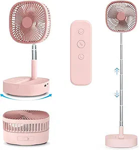 Magesh Portable Oscillating Pedestal Fan∩╝Remote, 120┬░ Rotation, 3-In-1 Foldaway/Standing/Desk Fan, Anti-Slip 7200Mah Rechargeable, Telescopic 4 Speed Quiet Timer Fan Home Outdoor Travel (Pink)