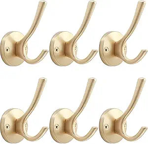 TOFIIGREM Gold Wall Hooks, 6 Pack Coat Robe Hook Heavy Duty Metal Double Bath Hook Wall Mounted, Hand Towel Hooks for Cubicle Bathroom Kitchen Closet Garage