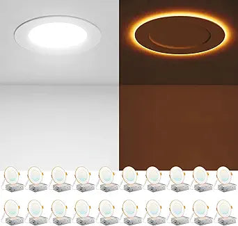 Amico 20 Pack 4 Inch 5CCT LED Recessed Ceiling Light with Night Light, 2700K/3000K/3500K/4000K/5000K Selectable Ultra-Thin Recessed Lighting, 10W=90W, 700LM, Dimmable Canless Wafer Downlight - ETL&FCC