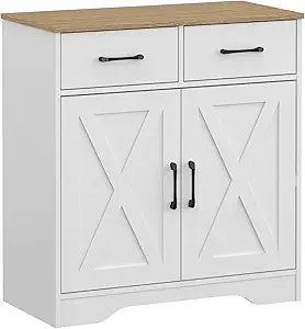 Panana Sideboard 2 Drawers 2 Doors Entryway Storage Cabinet Living Room Organizer Farmhouse Style Wooden Kitchen Cupboard (White)