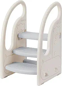 Toddler 3 Step Stool Onasti Kids Standing Tower for Toddlers Plastic Learning Helper Stool for Kitchen Counter Bathroom Sink Toilet Potty Training with Handles and Non-Slip Pads-Grey White