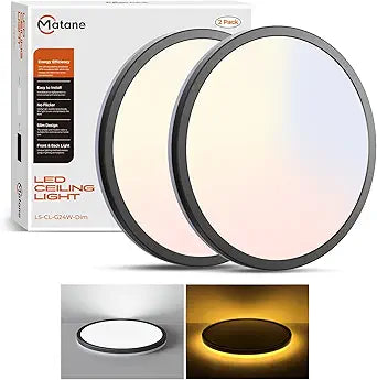 Matane 2Pack LED Flush Mount Ceiling Lights with Night Light, 12inch 24W Dimmable Ceiling Light Fixture 3000K/4000K/5000K Selectable, Black Flushmount Light for Bedroom, Kitchen, Laundry Room