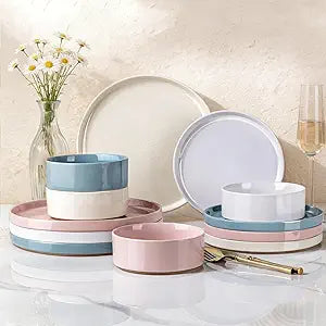 AmorArc Ceramic Dinnerware Set for 4 | Handpainted Stoneware Plates and Bowls with Rustic unglazed terracotta | Scratch Resistant, Dishwasher & Microwave Safe Dishes Sets- 12-Pcs Colorful