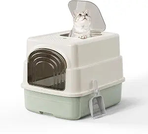 Basics Cat Litter Box with Lid,Fully Enclosed Litter Box with Scoop,Standard Kitty Litter Boxes with Drawer,Front Entry Top Exit Kitty Box,Non-Sticky, Anti-Leakage, Easy Cleaning (Green)