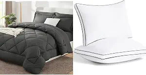 CozyLux Queen Bed in a Bag 7 Pieces Comforter Sets with Comforter and Sheets Dark Grey Bundle Pillows Queen Size Set of 2, Soft and Supportive 3D Down Alternative Bed Pillows for Sleeping 2 Pack