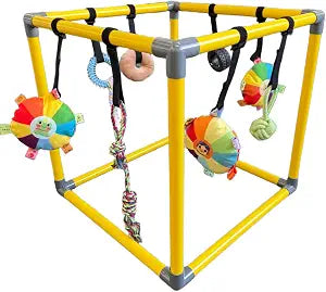 Puppy Play Gym for Small Breed Dogs, Removable Hanging Toys with Bungee Straps, Chew-Resistant Dog Jungle Gym Center for Enrichment Activity Center (L:16.5 * 16.5 Inch)
