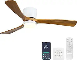 Ceiling Fans with Lights and Remote Control, 52 Inch Solid Wood Blade, Low Profile Flush Mount, LED Dimmable DC Reversible Modern Ceiling Fans with APP Control for Bedrooms, Living Rooms, Patio, White