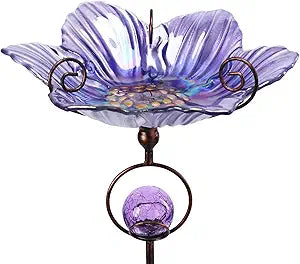 MUMTOP Glass Bird Baths for Outdoors, Flower Bird Baths Bowl with Solar Crackle Glass Globe Lights Decorations and Metal Stake for Outdoor Garden Yard Lawn Outside, Purple
