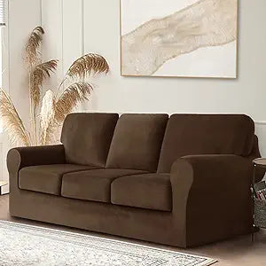 7 Pieces Velvet High Stretch Sofa Covers for 3 Cushion Couch Sofa Slipcovers, Washable Furniture Protector with Drawstring Anti Slip Bottom, Soft and Plush Fabric for Kids and Pet (Coffee)