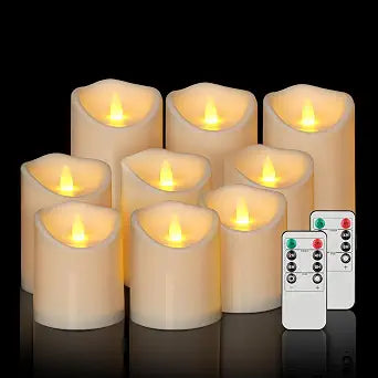 Outdoor Flameless Candles, Patented 3D Dual-LED, Set of 9 Slanted Resin Pillars with 2 Remotes, Bulk Party Decor for Fireplace Holiday, Non-Melting Waterproof Battery Operated, (Ivory)