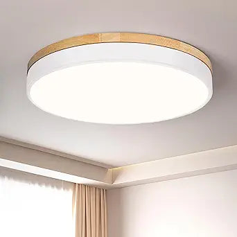 Modern Wood White Flush Mount Ceiling Light, 15.74" Round LED Low Profile Close to Ceiling Fixture for Kitchen Bedroom Bathroom Laundry Hallway Entryway Closet Living Room