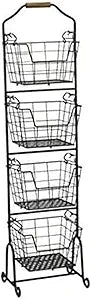 Mikasa Gourmet Basics Ferme 4-Tier Market Basket - Antique Black Wire and Acacia Wood Handle, Kitchen Fruit Vegetable Storage Organizer, 13.5 x 11.5 x 51 Inches