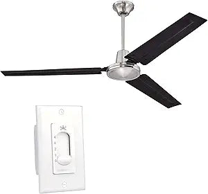 Ciata Industrial 56 Inch Three Blade Indoor Ceiling Fan, Black Steel Blades in Brushed Nickel Finish