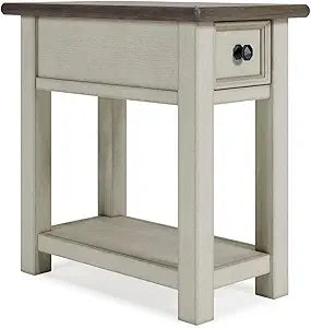 Signature Design by Ashley Bolanburg Chairside End Table With Charging Station, Two-Tone Wood Accent Table With Drawer Storage, Plank Top Design for Living Room or Bedroom, Antique White