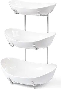 HBlife Fruit Bowl for Kitchen Counter - 3 Tier Ceramic Fruit Bowl Holder with Metal Stand, Tiered Fruit Basket for Fruit and Vegetable Storage, Serving Trays for Party