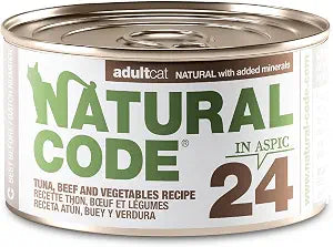 Natural Code - 24 Pack Wet Cat Food, Limited Ingredient Cat Food, High-Protein, Non-GMO, No Artificial Additives, Made in Italy, Tuna, Beef & Vegetables in Aspic for Adult Cats, 3 oz