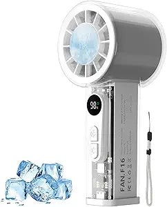Personal Handheld Ice Cooling Turbo Fan, 5000mAh Rechargeable Mini Portable Fan with 6-Speed Adjustment, Transparent Design for Travel, Outdoor, Office (White)