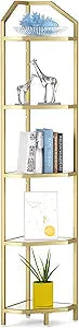 5-Tier Corner Shelf Stand, Gold Corner Bookshelf, Bathroom Storage Rack Shelf, Plant Rack, Tempered Glass, Steel Frame, Modern Style for Living Room, Bathroom, Kitchen, Metallic Gold