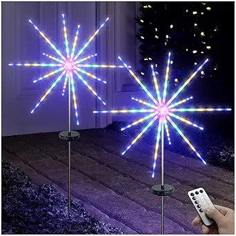 DenicMic Solar Firework Meteor Lights 2 Pack Outdoor Solar Garden Decorative Starry Starburst Lights with Remote, 8 Modes Landscape Path Patio Yard Christmas Decor (Multicolor)