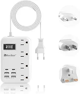 European Travel Plug Adapter, US to Europe Power Strip,6 USB,4 Outlets,3ft