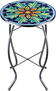 VCUTEKA Outdoor Side Table Mosaic End Table Patio Side Table Small End Table Glass Top Round Balcony Coffee Table Porch Indoor Glass Top