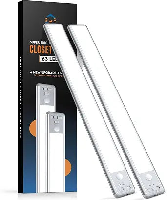 BLS 14.8inch Under Cabinet Lighting, LED Closet Lights, Motion Sensor Light Indoor, Battery Operated USB C Rechargeable, Dimmable Magnetic Night Light for Kitchen, 4 Sensor Mode, Cool White (2 Pack)