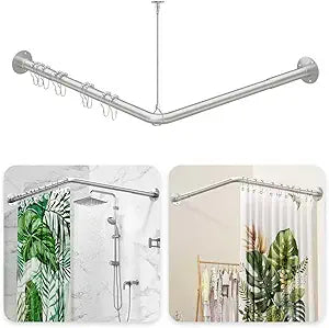 Corner Shower Curtain Rod, Adjustable L Shaped Shower Curtain Rod [23''-53''] x [23''-53''], Shower Rod for Bathroom Bathtub Clothing Store with 12 Shower Curtain Rings & Ceiling Support - Silver