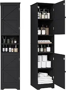 Viaozutis Tall Bathroom Storage Cabinet, Slim Freestanding Cabinet with Adjustable Shelves, Vertical Storage Organizer for Small Bathrooms, Toilet Paper & Daily Essentials Storage Black