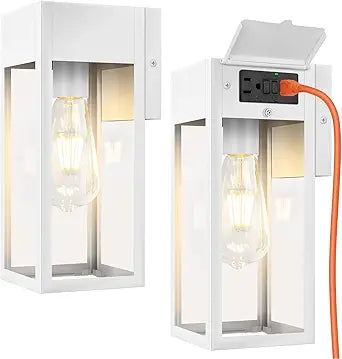 2 Pack Porch Lights Outdoor Wall Sconce, Outdoor Light with GFCI Outlet, Waterproof Exterior Wall Lantern Light Fixtures, Anti-Rust Wall Lamp with Clear Glass for Patio Doorway Garage- White