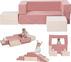 Kids Couch, Modular Toddler Couch, Kids Sofa with Ottomans, Foam Play Blocks Indoor, Climbing Playset with Slide Stairs, Convertible Plush Sofa for Playroom
