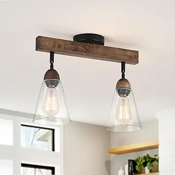 2-Light Rustic Farmhouse Glass Track Flush Mount Ceiling Light Fixture Mini Clear Seeded Glass Shade and Oak Wood Semi Flush Mount Ceiling Light for Kitchen Bedroom Hallway Entryway Sink