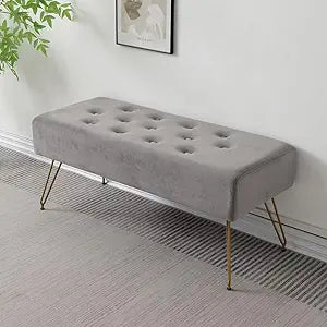 Velvet Button-Tufted Entryway Bench, 39.37" Modern Upholstered Bedroom Bench with Gold Metal Legs, Padded Rectangular End of Bed Bench for Living Room, Dining Room (Grey)