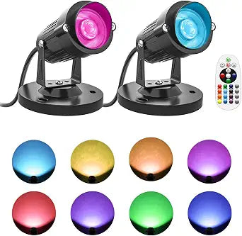 Led Spot Lights Indoor, 5W RGBW Uplighting 16 Color Changing Up Lights Indoor with Remote, 120V Indoor Spotlight Plant Accent Lighting Decor(2 Pack with Base and Stake)