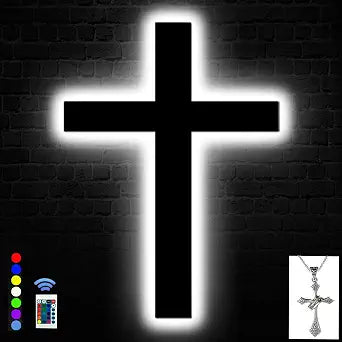 Cross Wall Decor Light Up Neon Sign with Necklace Jesus Christian Catholic Gifts Crucifix Led Sign Decor 16 Colors Changing Remote Night Lights Large Size