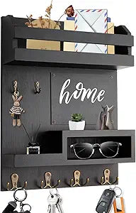 Large Key and Mail Holder Wall Mount, 12.5x16.5 Inch Solid Wood Key Racks for Entryway, Front Door, Hallway, Wall Organizer (Matte Black)