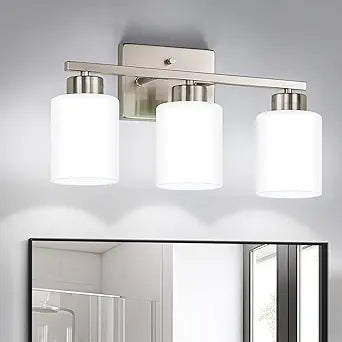 FonmYim Brushed Nickel Bathroom Light Fixtures, 3-Light Modern Vanity Light Over Mirror, Wall Sconces with Milky White Frosted Glass Shades, E26 Socket (Bulbs Not Included)