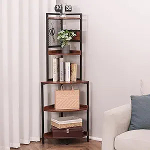 5-Tier Corner Shelf Stand  Multi-Functional Storage Unit with Metal Frame (Living Room/Home Office/Bedroom)