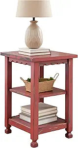 Alaterre Furniture Country Cottage Narrow End Table with Weathered Faded Finish  3-Tier Farmhouse Side Table with Carved Scalloped Edges, & Turned Legs, 15" W x 20" D x 27" H (Distressed Antique Red)