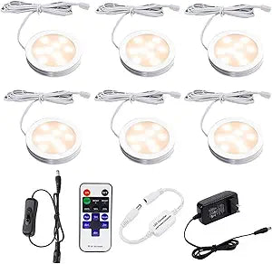 AIBOO Dimmable LED Under Cabinet Lighting, Counter Showcase Kitchen Lighting Fixtures with 12V Plug in adapter and Dimmable Wireless Remote Control, 6 Ultra Slim Puck Lights Kit (Warm White)