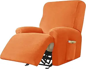 CONRUSER Recliner Chair Covers, 4-Piece Velvet Stretch Recliner Slipcover Single Seat Couch Cover Soft Furniture Protector with Pocket (Orange)