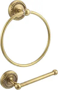 2 Pcs Antique Brass Toilet Paper Holder and Towel Ring Set, Brass Hand Towel Holder, Vintage Gold Tissue Roll Hanger, Wall Mount Bathroom Hardware, Elegant Versatile